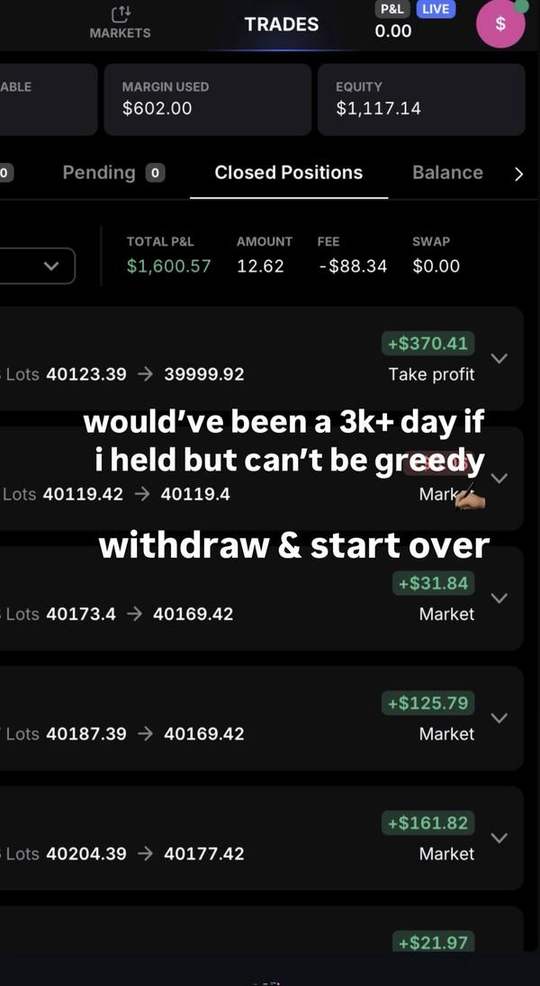 Trading account screenshot: +$1,600. Took profit early instead of getting greedy.