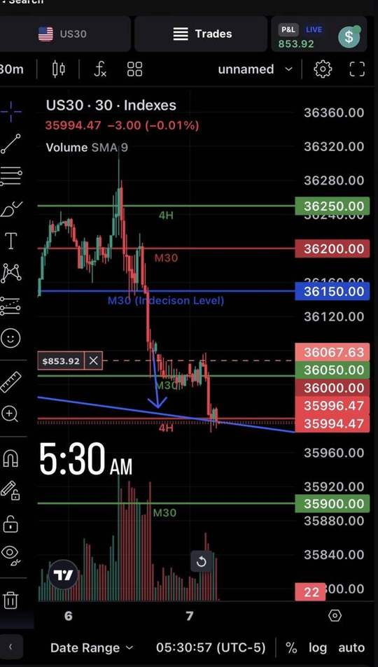 Trading account screenshot: 5:30 AM. Pre-market levels mapped on the 30-minute chart.