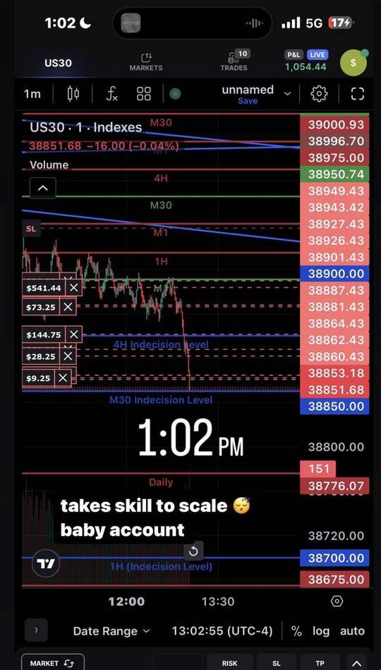 Trading account screenshot: 1:02 PM. Scaling positions across marked levels.