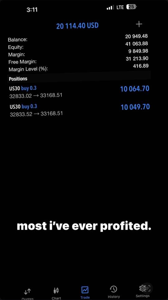 Trading account screenshot: +$20,114. Two US30 buys running. My biggest open profit to date.